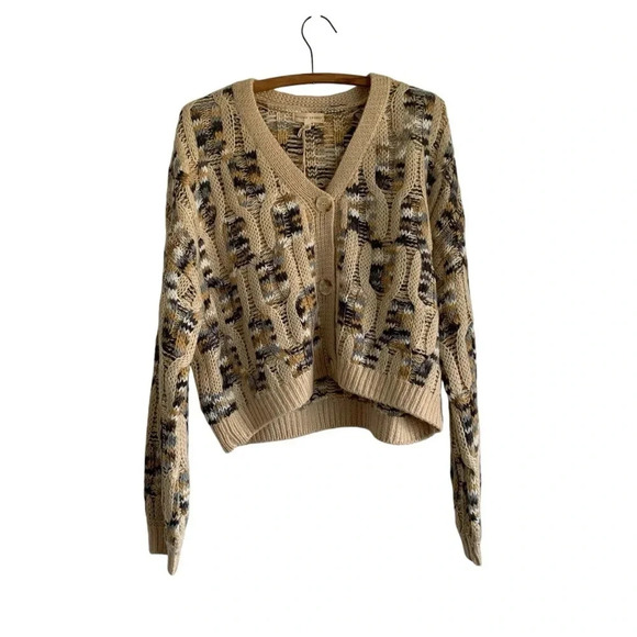 Gilded Intent Cable Knit Cardigan Sweater Cream Blue Camel Tones Size Small - Picture 5 of 12